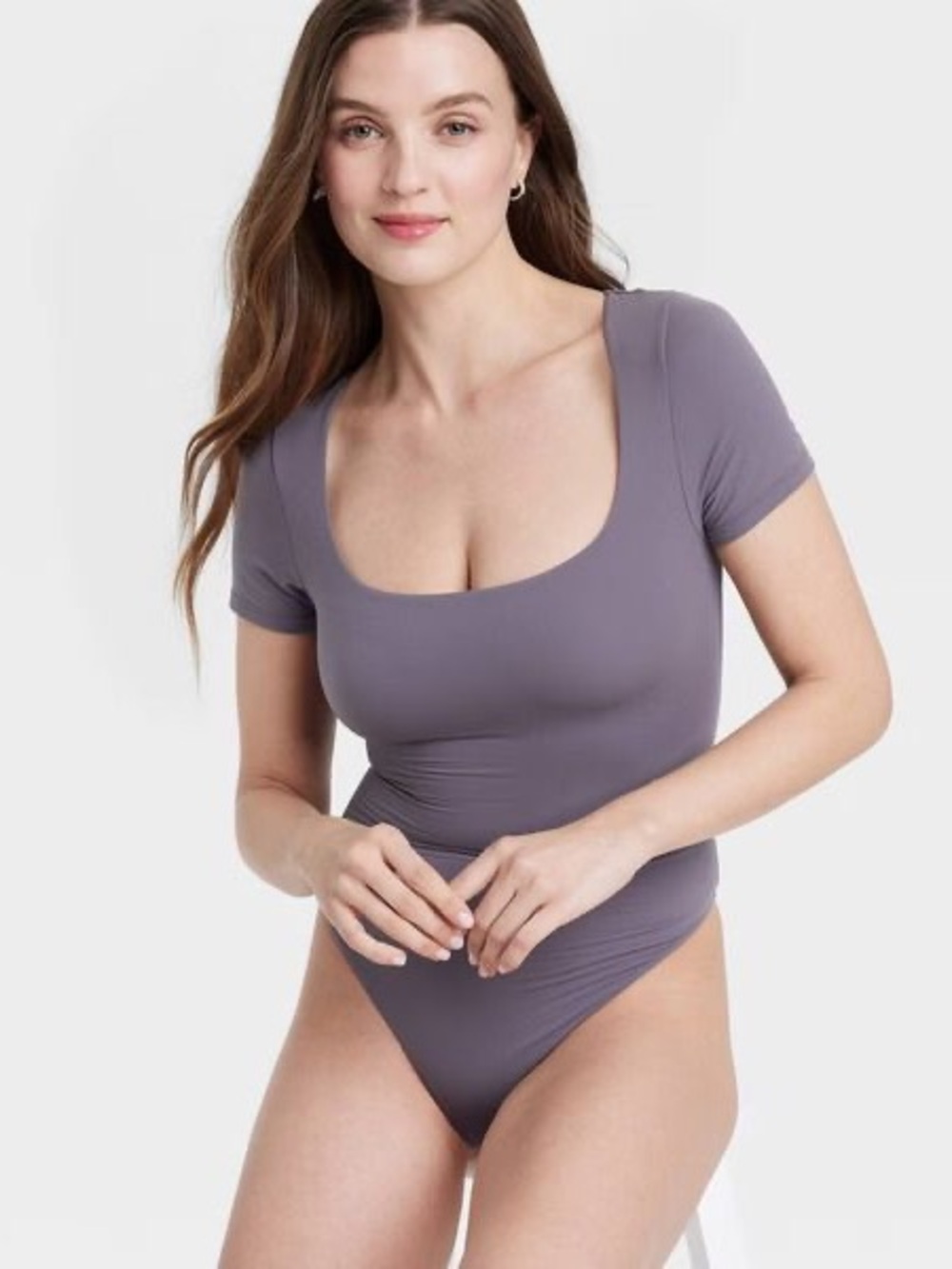 Auden Women's Luxe Stretch Squareneck Thong Bodysuit Mauve Gray SS Sz XL NWT